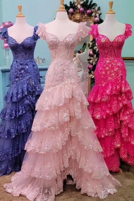 Women&amp;#039;s Lace Appliques Tiered Mermaid Prom Dresses Long With Slit V Neck Cap Sleeve Ruffle Fitted Formal Evening Dresses For Girls