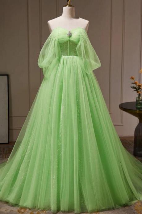 Green Women's Off The Shoulder Lace Prom Dresses Long Sparkly Beading Pleated A Line Formal Evening Dresses Gowns