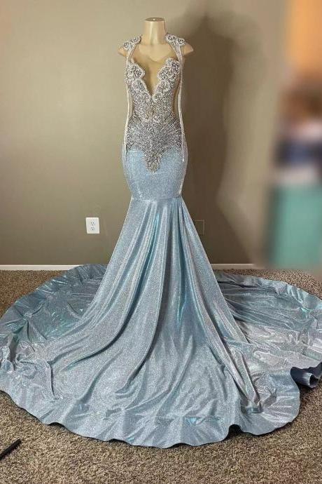 Crystal Mermaid Prom Dresses 2024 Beaded Sequins Illusion Crew Neck Formal Evening Dresses Gowns