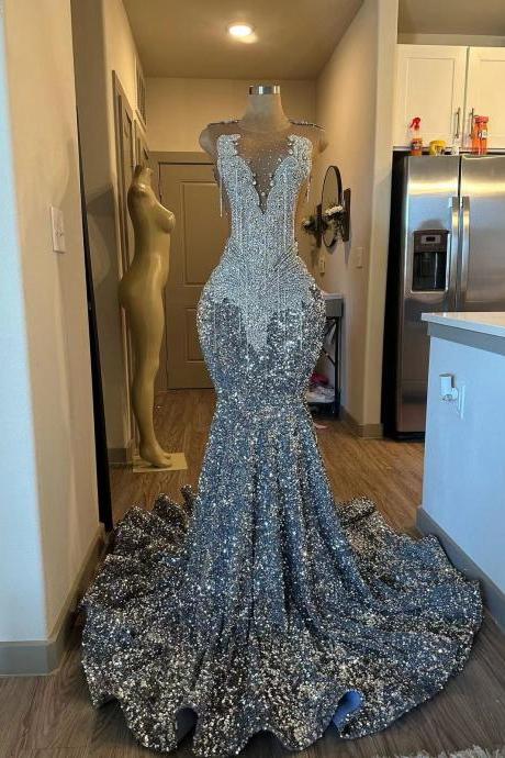 Sparkly Crystal Mermaid Prom Dresses Beaded Sequins Tight Formal Evening Dresses 2024 Tassel Party Dresses For Women 2025