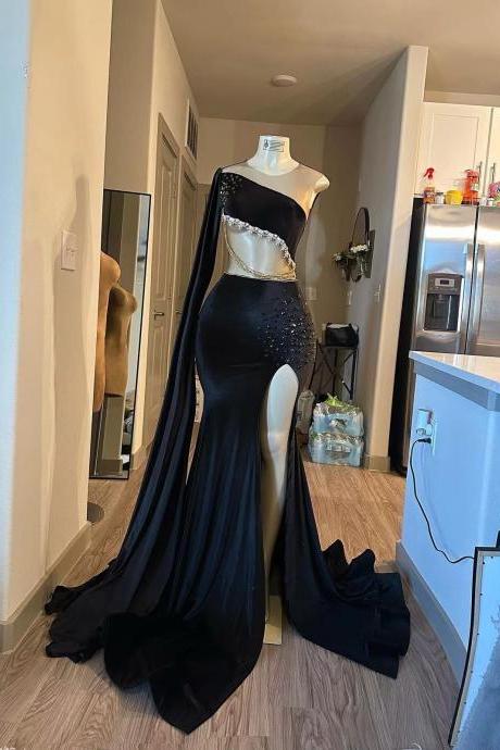 Black Beaded Mermaid Prom Dresses One Shoulder Sashes Side Slit Satin Formal Evening Dresses 2024