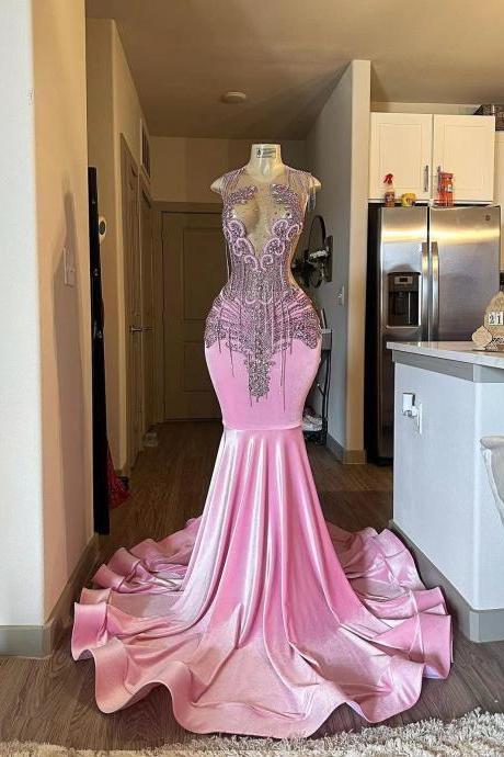 Tassel Crystal Mermaid Satin Prom Dresses Illusion Crew Neckline Beaded Formal Evening Party Dresses 2025 Women's Evening Gowns
