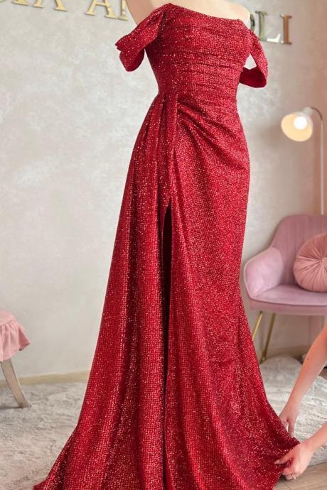 Sparkly Sequins Mermaid Off The Shoulder Prom Dresses Long With Slit For Women 2024 Ruched Glitter Formal Evening Party Ball Gowns Red