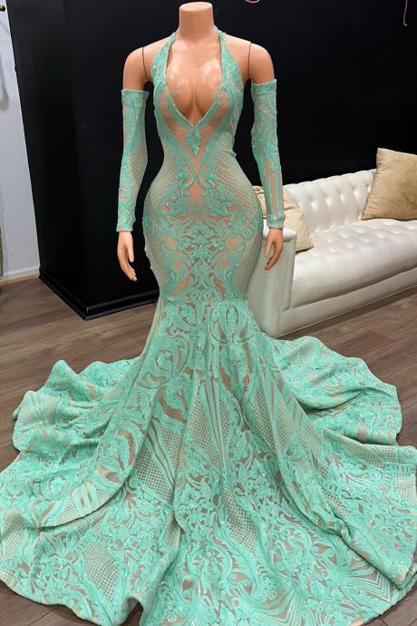 Turquoise Halter Lace Mermaid Prom Dresses Long For Women 2024 Elegant Deep V Neck Formal Evening Party Gowns
