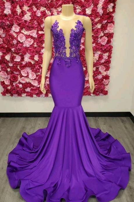 Purple Prom Dresses With Illusion Crew Neckline Lace Appliques Mermaid Formal Evening Party Dresses Satin Tight Women's Evening
