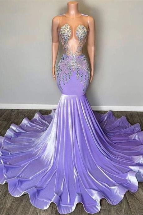 Purple Crystal Illusion Mermaid Prom Dresses Long Satin Beaded Sequins Court Train Formal Evening Party Gowns 2024