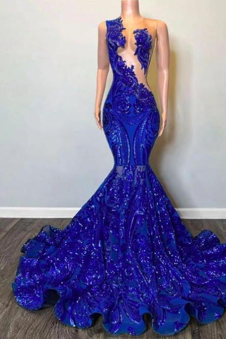 Royal Blue Sparkly Sequins Mermaid Prom Dresses Long For Women 2024 Illusion Crew Neckline Tight Formal Evening Party Dresses Lace Ball Gowns