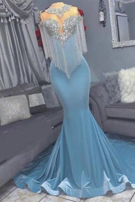 Tassel Mermaid Crystal Prom Dresses Long For Women 2024 Crew Neckline Beaded Mermaid Velvet Crystal Formal Evening Party Gowns