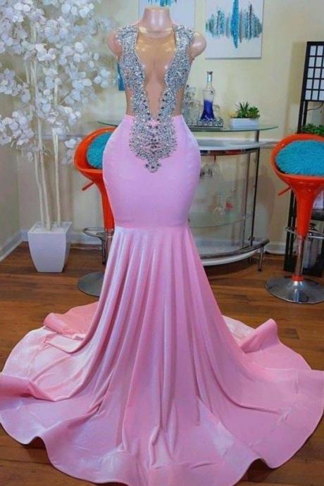 Women's Pink Crystal Prom Dresses Long Illusion Crew Neckline Beaded Satin Mermaid Fromal Evening Gowns