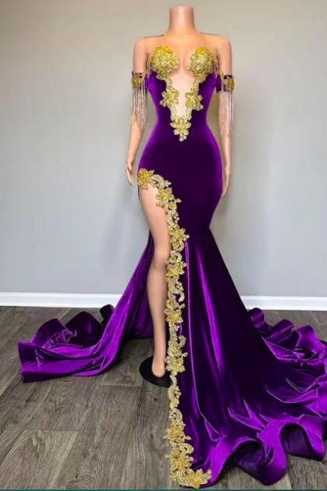 Purple Velvet Appliques Prom Dresses Long With Slit For Women 2024 Deep V Neck Illuson Crew Neckline Court Train Formal Evening Gowns Lace Party