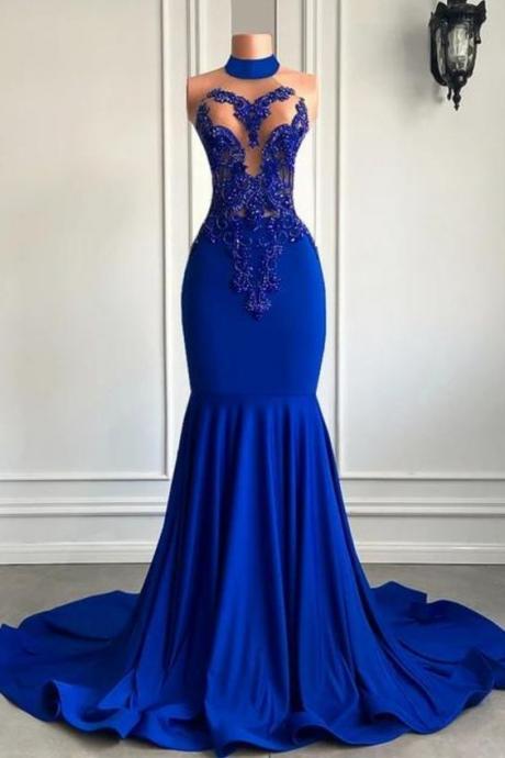 Royal Blue Mermaid Satin Prom Dresses Long For Women 2024 With Train Halter High Neck Backless Lace Appliques Beaded Formal Evening Party Dresses
