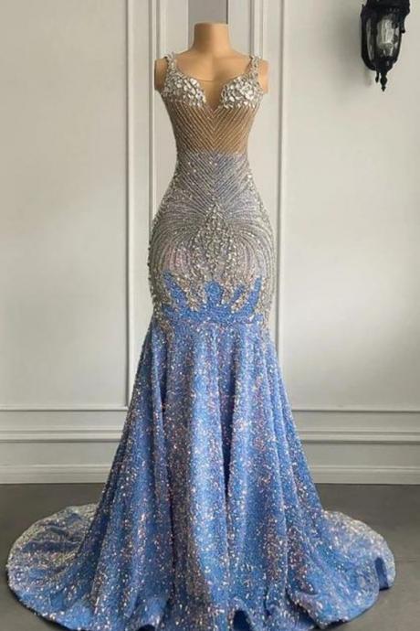 Light Blue Sparkly Crystal Beaded Prom Dresses Long For Women 2024 Sequins Mermaid Court Train Formal Evening Gowns For Girls Sequins Dresses