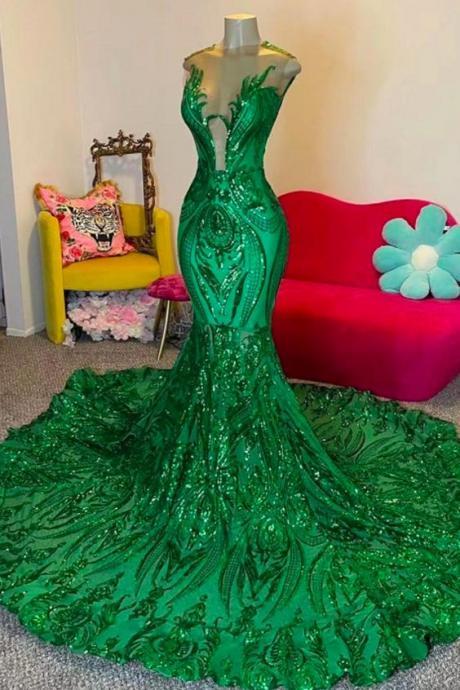 Green Glitter Lace Prom Dresses Long Mermaid Illusion Crew Neckline Sparkly Sequins Formal Evening Party Dresses Gowns