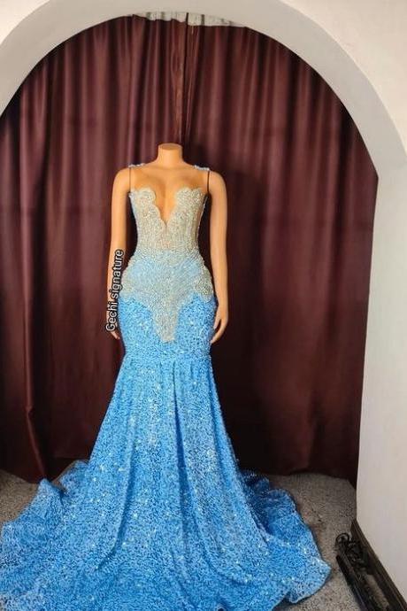 Sparkly Light Blue Crystal Prom Dresses Long Sequins Mermaid Illusion Crew Neckline Formal Evening Gowns Party Dresses