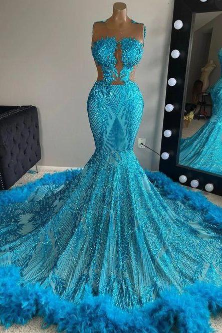 Blue Lace Feather Prom Dresses Long 2024 Illusion Crew Neckline Glitter Sequins Court Train Evening Dresses Tight Formal Party Dresses
