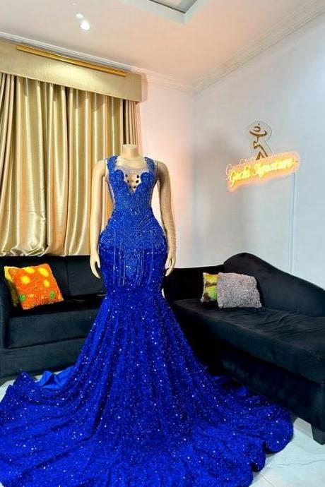 Glitter Royal Blue Sequins Prom Dresses Long 2024 Crystal Beading Mermaid Formal Evening Party Dresses