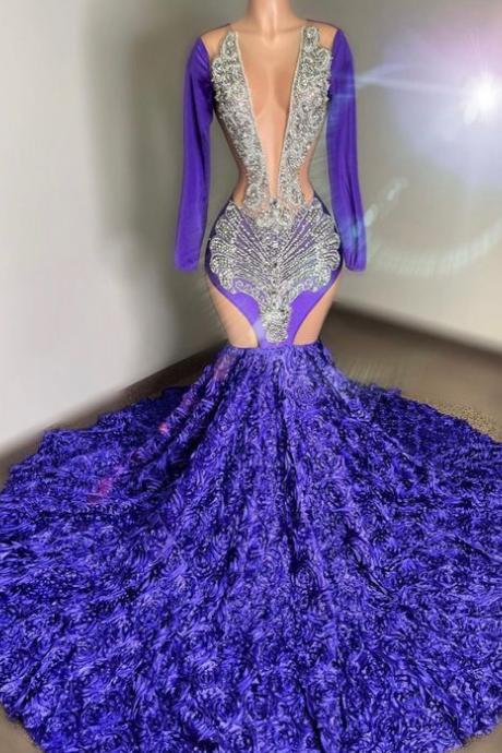 Purple Long Sleeve Prom Dresses Crystal Deep V Neck 3d Flowers Court Train Formal Evening Party Dresses Beaded Evening Gowns
