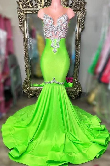 Green Illusion Crew Neckline Prom Dresses Mermaid Beading Sparkly Sequins Formal Evening Gowns Satin Lace Party Dresses For Women
