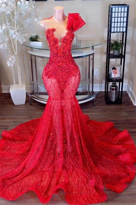 Red Sparkly Prom Dresses Crystal Sequins Beading Mermaid Illusion Crew Neckline Formal Evening Dresses Glitter Tight Women's Party