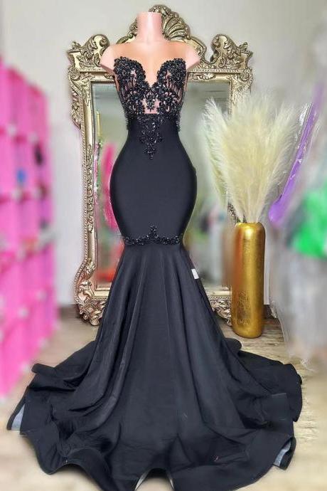 Black Beaded Mermaid Prom Dresses Illusion Crew Neckline Satin Tight Formal Evening Dresses Lace Appliques Party Evening Gowns For Women 2024