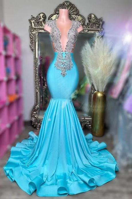 Blue Satin Prom Dresses Long Beaded Crystal Mermaid Deep V Neck Formal Evening Party Gowns For Women 2024