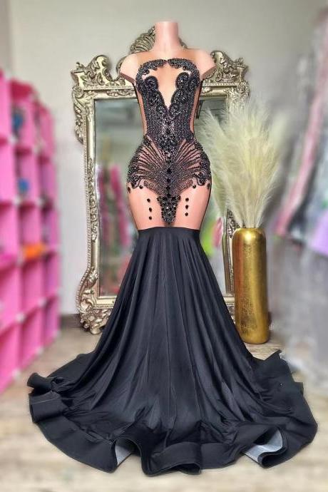 Black Crystal Prom Dresses Long For Women 2024 Beading Illusion Crew Neckline Mermaid Satin Formal Evening Party Dresses Beaded Prom Gowns