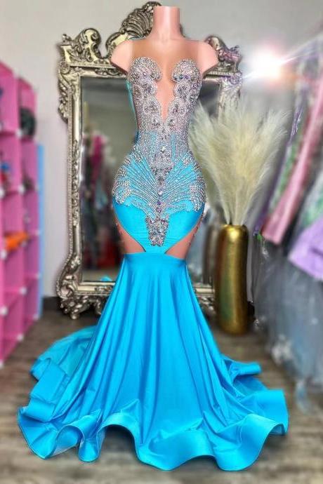 Blue Crystal Beaded Prom Dresses Long For Women 2024 Illusion Crew Neckline Mermaid Satin Formal Evening Party Dress Gowns