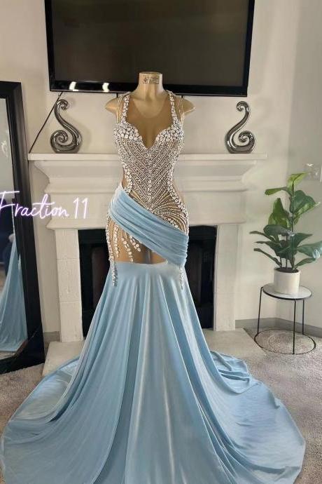 Blue Crystal Prom Dresses Long For Women 2024 Illusion Crew Neckline Beads Mermaid Evening Gowns Satin Tight Formal Party Dresses