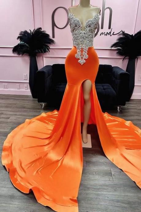 Orange Mermaid Satin Prom Dresses Long With Slit For Women 2024 Illusion Crew Neckline Tight Formal Evening Dresses Beaded Crystal Formal Party