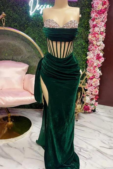Velvet Green Prom Dresses Long For Women 2024 Side Slit Sweetheart Neckline Crystal Pleated Corset Formal Evening Dresses Illusion Party Dresses