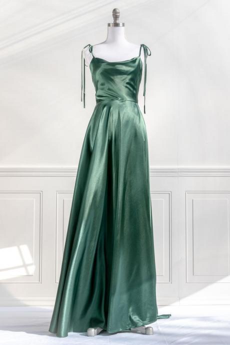 Green Tied Spaghetti Straps A Line Bridesmaid Dresses Long For Women 2024 Satin Backless Emerald Green Formal Evening Prom Gowns Wedding Guest