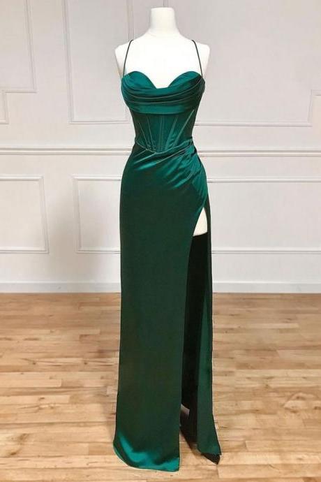 satin bridesmaid dresses long with slit for women 2024 spaghetti straps pleated lace up back formal evening prom gowns green maid of honor dresses spaghetti straps mermaid weding guest party gowns