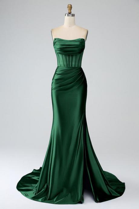 Emerald Green Strapless Pleated Bridesmaid Dresses Long With Slit For Women 2024 Long Corset Formal Prom Evening Gowns For Girls Wedding Guest