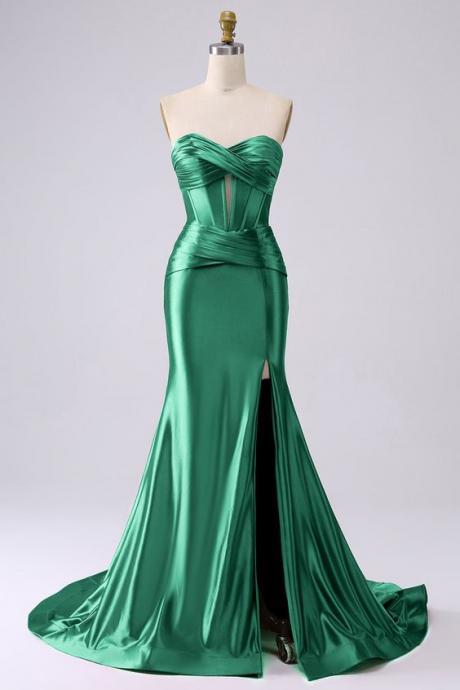 emerald green sweetheart pleated mermaid bridesmaid dresses long with slit for women 2024 ruched tight formal prom dresses corset side slit evening gowns