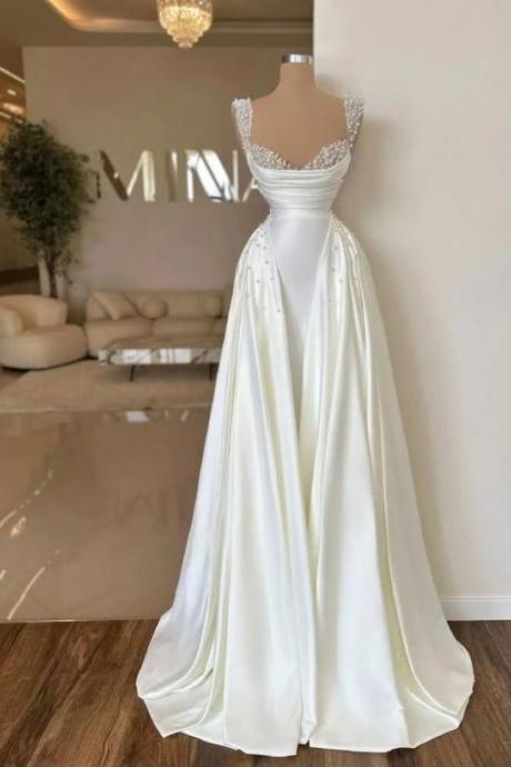 A Line Satin Wedding Dresses For Bride 2024 Sweetheart Neckine Pearls Wedding Gowns Satin Bridal Dresses Beaded
