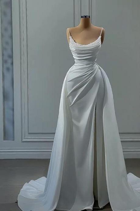 Simple Scoop Neckline Satin Wedding Dresses For Bride 2024 Pleated Pearls Pleated With Detachable Train Wedding Gowns For Women Beaded Ruched