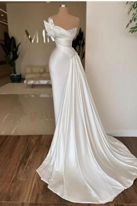 pleated pearls beaded satin wedding dresses, one shoulder wedding gowns, satin bridal dresses, beaded wedding gowns, 2025 ruched bridal dress, 2024 weddin gowns with train, 2025 bridal gowns with train