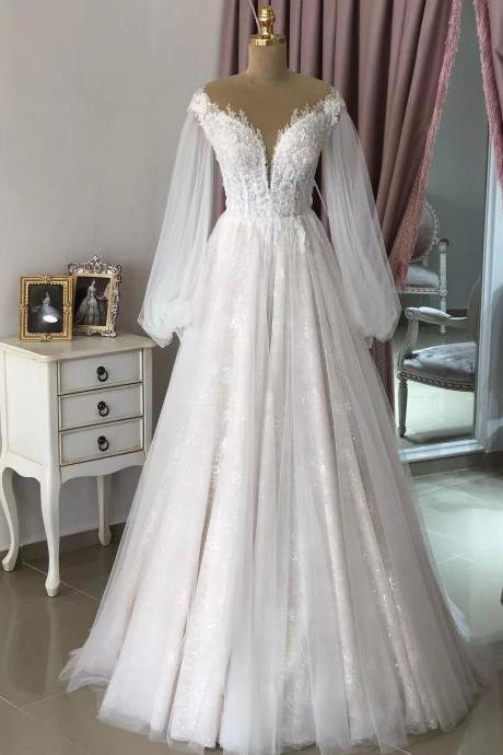 lace a line wedding dresses, long sleeve bridal dresses, lace appliques wedding gowns, long sleeve wedding gowns, a line bridal gowns, lace appliques bridal dress, ball gowns bridal gowns, 2025 wedding dresses with puffy sleeve