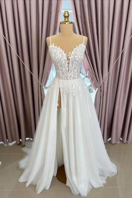 A Line Wedding Dresses With Slit For Bride 2025, Spaghetti Straps Bridal Dresses, Lace Appliques Wedding Gowns 2024, Deep V Neck Tulle Bridal