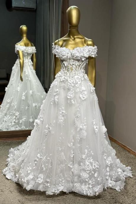Off The Shoulder Hand Made Flowers Wedding Dresses With Train For Bridel 2025 Sweetheart Neckline Court Train Bridal Gowns Dresses For