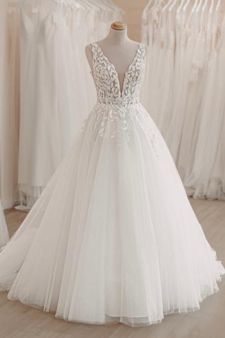 Deep V Neck Lace Wedding Dresses, Lace Appliques Bridal Dresses, Transparent Bridal Gowns, Tulle Wedding Gowns, 2024 Bridal Dresses For Women
