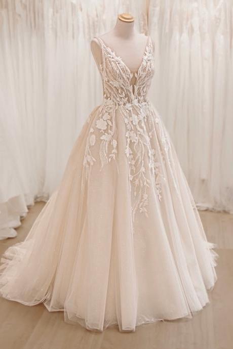 lace appliques wedding dresses, 2024 tulle bridal dresses, lace wedding gowns, fashion bridal dresses, vestidos de fiesta, backless wedding dress, flower lace bridal gowns