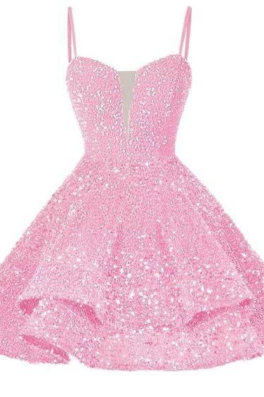 Pink Sequins Short Homecoming Dresses Spaghetti Straps Sparkly Sequins Ball Gowns Mini Cockail Dresses Sweetheart Neckline Graduation Dresses