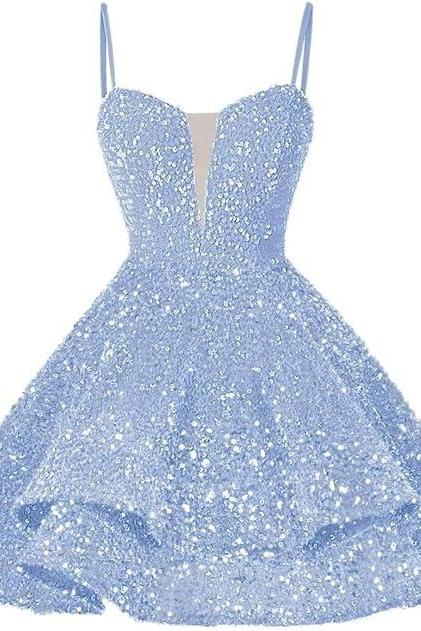 Light Blue Sequins Short Homecoming Dresses Spaghetti Straps Sparkly Sequins Ball Gowns Mini Cockail Dresses Sweetheart Neckline Graduation