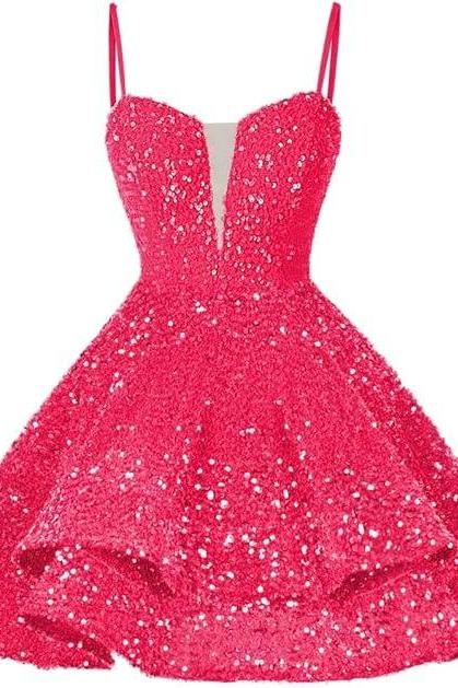 hot pink sequins short homecoming dresses spaghetti straps sparkly sequins ball gowns mini cockail dresses sweetheart neckline graduation dresses prom gowns for girls