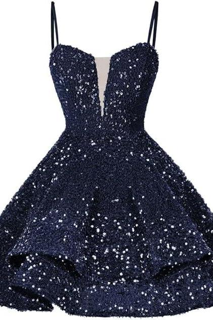 Black Sequins Short Homecoming Dresses Spaghetti Straps Sparkly Sequins Ball Gowns Mini Cockail Dresses Sweetheart Neckline Graduation Dresses