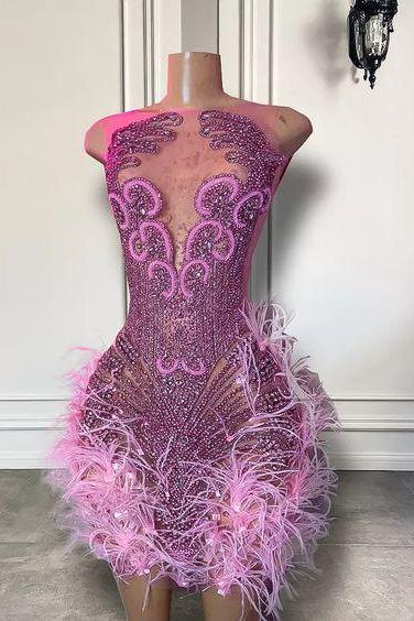 pink short feather crystal prom dresses illusion crew neckline short homecoming dresses fur feather graduation dresses beaded sequins cocktail dress sparkly sequins formal evening gowns luxury