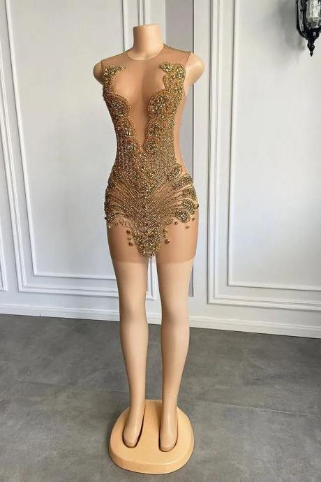 Crystal Sheath Illusion Short Prom Dresses For Girls 2025 Sheer Crew Neckline Beading Crystal Short Homecoming Dress For Girls 2024 Mini Luxury