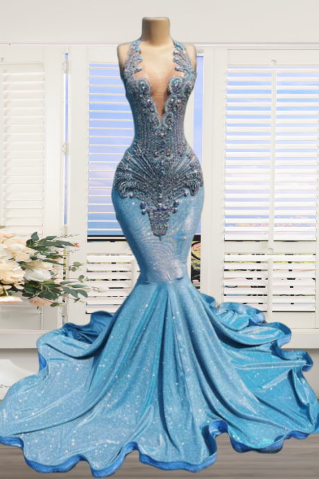Blue Crystal Prom Dresses Long For Women 2025 Sheer Crew Neckline Mermaid Satin Evening Dresses Luxury Formal Evening Gowns