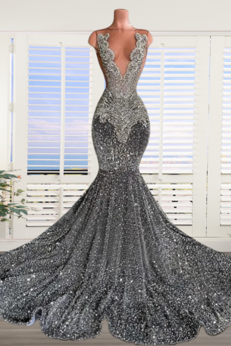 Grey Crystal Prom Dresses Long For Women 2025 Sheer Crew Neckline Mermaid Sparkly Sequins Formal Evening Gowns